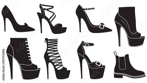 Black silhouette high heels collection, 8 fashion footwear icons vector set, elegant women shoes and stiletto boots for retail and design