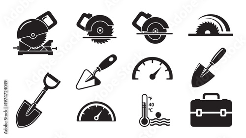 Industrial construction tools icon set, black silhouette power saw and hand tool collection, professional carpentry and masonry equipment vector