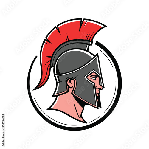 Spartan Warrior Mascot Logo with Red Plume Helmet, Ancient Greek Soldier Profile Vector Illustration for Sports Team or Gaming Brand
