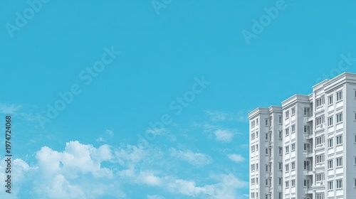 Modern apartment building against bright blue sky with clouds showcasing clean architectural lines and urban design aesthetics