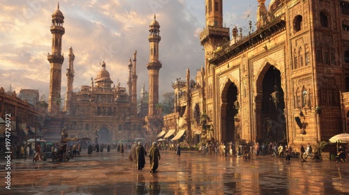 Majestic sunset over a historic mosque surrounded by busy market, showcasing rich architecture and vibrant local culture