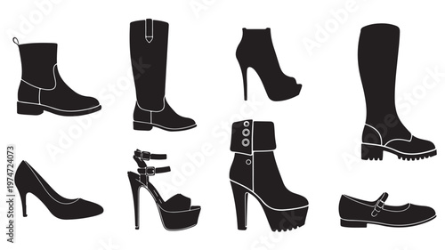 Black footwear silhouettes collection, 8 fashion shoe icons vector set, stylish women boots and high heels, elegant footwear design elements