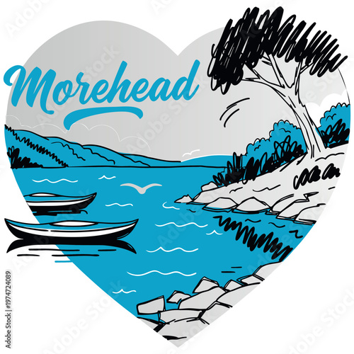 Morehead Heart Shaped Illustration Featuring Scenic Lake View with Kayaks, Shoreline Rocks, and Trees in Minimalist Sketch Style for Travel Souvenirs