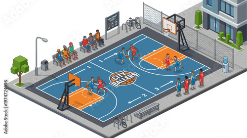 Isometric street basketball court illustration urban outdoor playground with players vector style