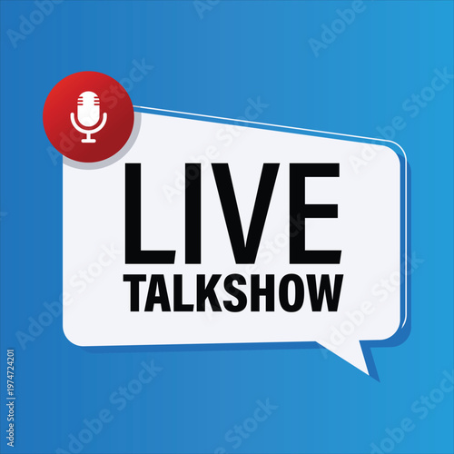 blue and white live talkshow banner with microphone icon for radio and podcast streaming media