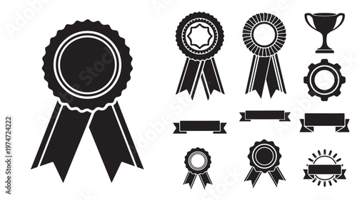 Black award ribbon icons and trophy silhouettes, set of 10 achievement badges and quality seals, flat vector graphic elements for certificates
