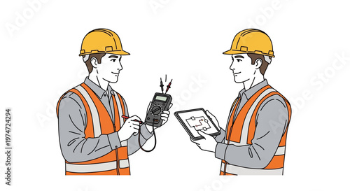 Two workers in hard hats and safety vests inspecting electrical control panel
