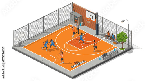 Isometric street basketball court illustration urban outdoor playground with players vector style