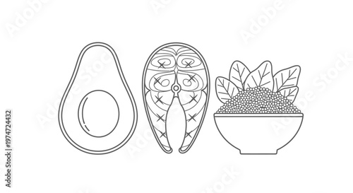 Avocado, salmon steak, and bowl of healthy salad ingredients
