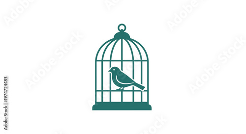 Bird sitting inside green cage.
