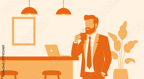 Bearded businessman drinking coffee in a modern cafe workspace