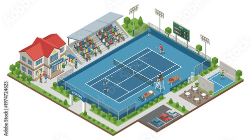 Iisometric tennis court illustration outdoor sport match with players and net vector style