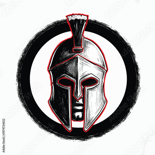 Spartan Gladiator Helmet Illustration with Red Accents and Circular Frame - Ancient Greek Warrior Hero Graphic Logo for Sports, Fitness, and Gaming Branding