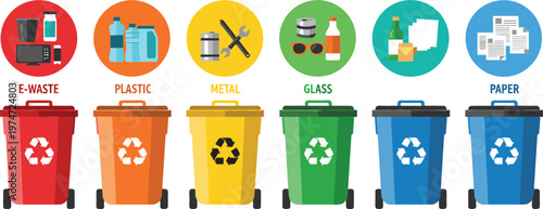 Recycling Bin Collection for E-Waste, Plastic, Metal, Glass, and Paper for Waste Management and Environmental Illustration Projects