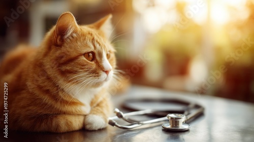 Orange cat resting beside a stethoscope on a table in soft natural light, symbolizing pet care and veterinary services