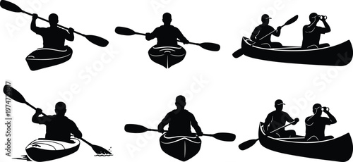Kayaking canoe silhouette set, paddling people black vector collection, outdoor water sport illustration isolated on white background design