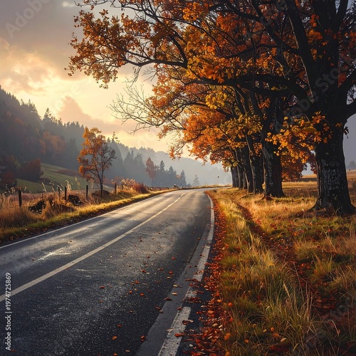 A serene autumnal road winding through trees