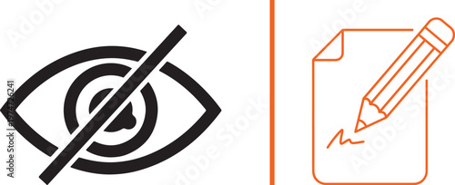 Minimalist vector featuring a black eye icon with a slash (hidden) and an orange outline of a document being signed with a pencil, separated by a vertical orange line on a white background.