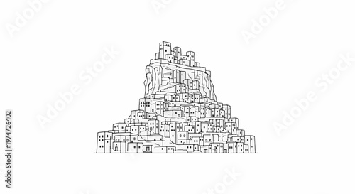 Black and white illustration of a densely packed ancient city built on a rocky mountain
