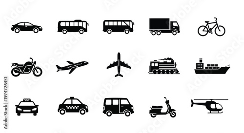 Collection of transportation icons including cars buses bicycles motorcycles airplanes trains ships and more depicted in a clean and minimalist vector style