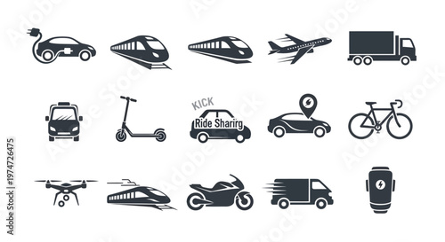 Modern transportation icons set including electric cars trains planes trucks scooters bikes and drones displayed in minimalist style