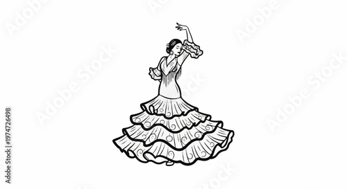 Black and white illustration of a flamenco dancer with a voluminous, ruffled dress