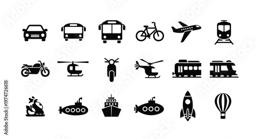 Black icon set of transportation modes including cars buses trains airplanes motorcycles ships and spacecraft