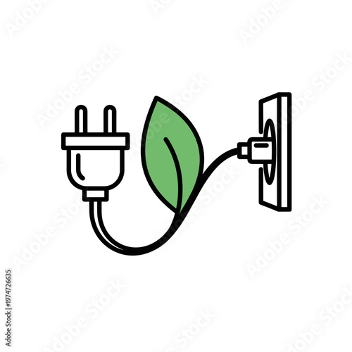 A clean, minimalist line art icon depicting an electrical plug with a curved cord transforming into a bright green leaf. This graphic illustrates a clear message about sustainable and eco-friendly gre