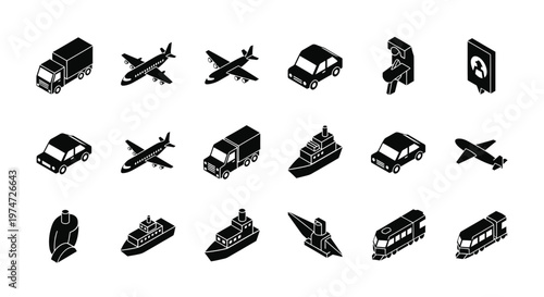 Black and white icons of cars trucks planes boats trains and billboards in minimalist style