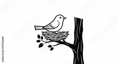 Black and white drawing of a bird on a nest in a tree