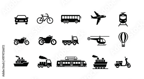 Black and white icons of diverse transportation modes including car bicycle bus airplane and ship arranged in a grid layout for modern design projects