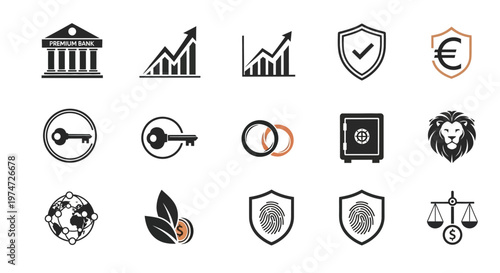 Collection of black and white icons symbolizing finance security and growth including buildings charts shields keys and lions on a clean background