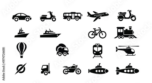 Set of transportation icons featuring cars motorcycles bicycles buses trains planes boats and more in a minimalist black and white design