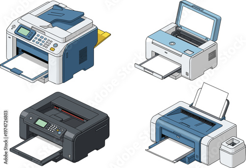Modern, office, printer, set, with, laser, inkjet, scanner, multifunctional, machine, isometric, vector, illustration, isolated, on, white, background, equipment, technology, collection.