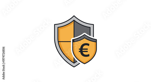 Financial security shield symbol with euro currency icon in bright yellow and gray tones on white background