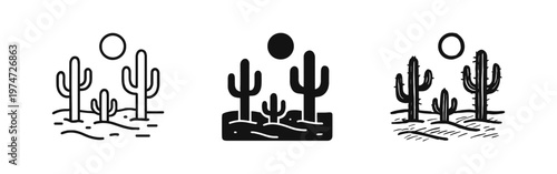 Desert Landscape Icons Set with Cactus Plants and Sun, Arid Climate Symbols