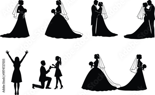 Wedding, silhouette, set, with, bride, and, groom, romantic, couple, proposal, marriage, ceremony, icons, celebration, dress, veil, bouquet, vector, illustration, collection.