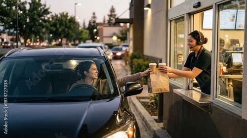 Woman in car receiving fast food order at drive-thru