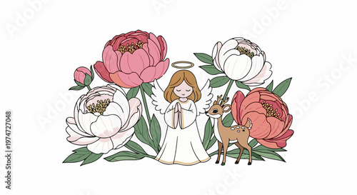 Angel and fawn surrounded by soft pink and white peonies and green leaves