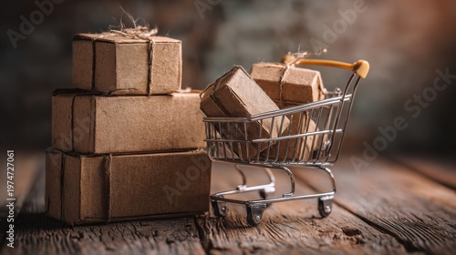 Small Shopping Cart with Cardboard Boxes on Rustic Wooden Background, Symbolizing eCommerce and Delivery Services