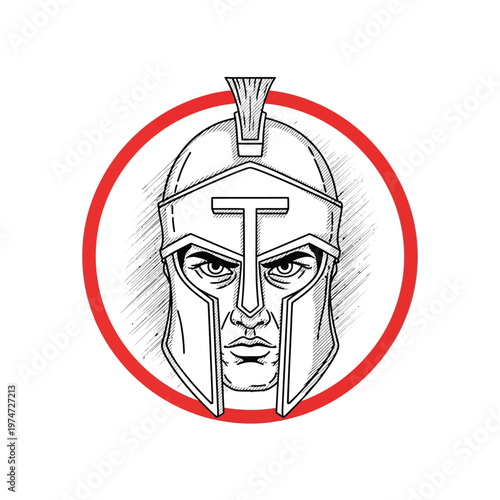 Spartan Warrior Head in Corinthian Helmet Sketch Logo with Red Circle Border - Ancient Greek Soldier Illustration