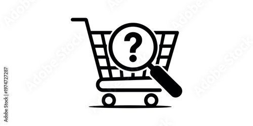 Slika na platnu Black shopping cart with magnifying glass and question mark trolley basket in wh