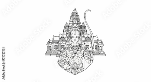 Ancient warrior with bow in front of intricate temple