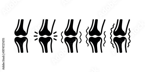 Five black silhouette of human knee joints showing progression of pain and stiffness human anatomy medical pain