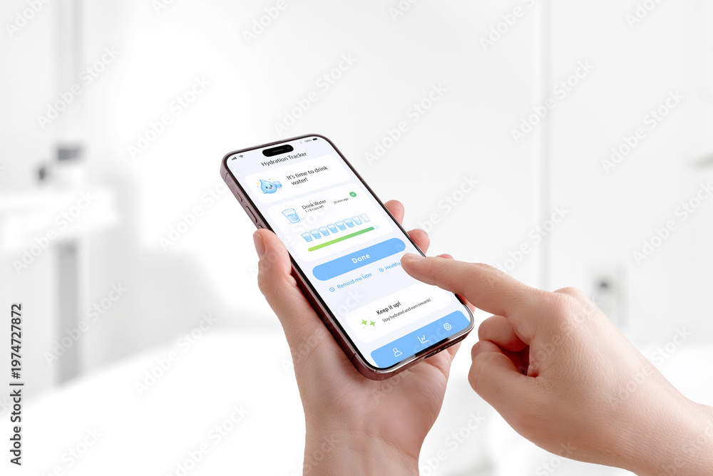 Fototapeta premium User tapping hydration reminder app on smartphone, drinking water tracking and healthy daily habit concept in bright minimal space