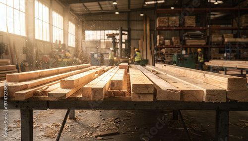 Foto Natural Wood Planks on Table in Woodworking Factory with Sunlight
