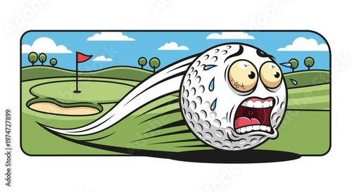 Dynamic rolling golf ball with motion lines. Clean cartoon style illustration.