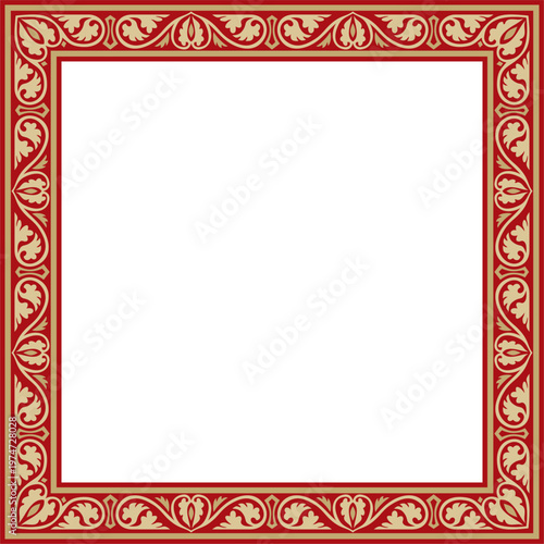 Vector gold and red square classic byzantine ornament. Rectangle, border, Ancient Greece, Eastern Roman Empire frame. Decoration of the Russian Orthodox Church