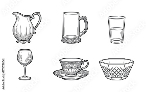A vintage collection of hand drawn tableware icons. Includes a pitcher, mug, glass, wineglass, teacup, and bowl. Perfect for menus, branding, or elegant design projects.