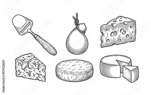 A set of various cheese types in a vintage, hand-drawn engraving style. Includes parmesan, blue cheese, and a slicer. Perfect for menus, packaging, or deli branding.